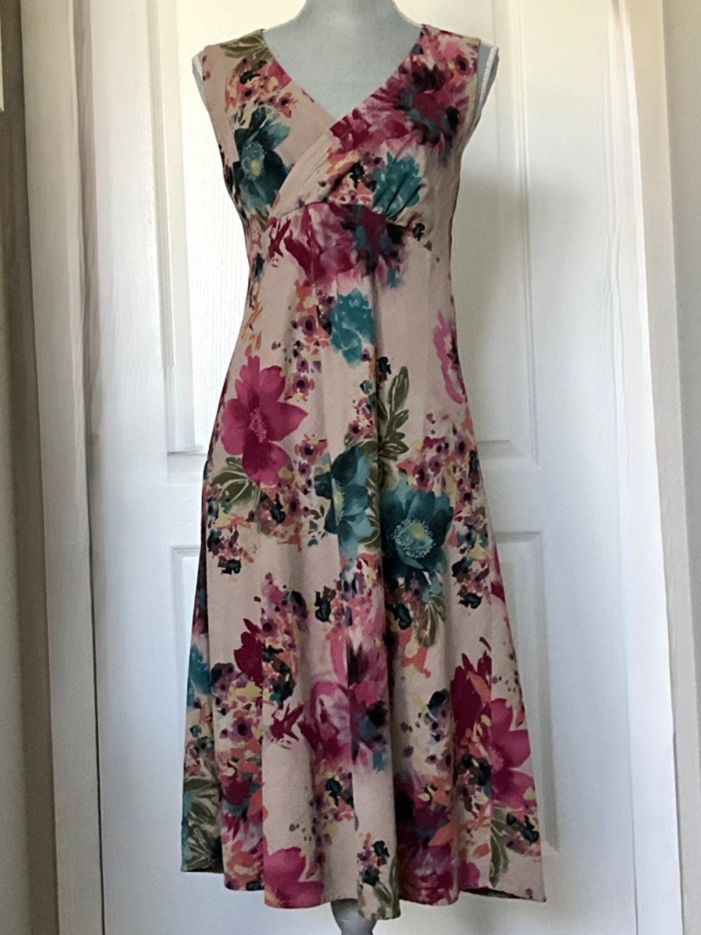 Tianello Floral Midi Dress Size M Sleeveless Empire Waist Tencel Rayon